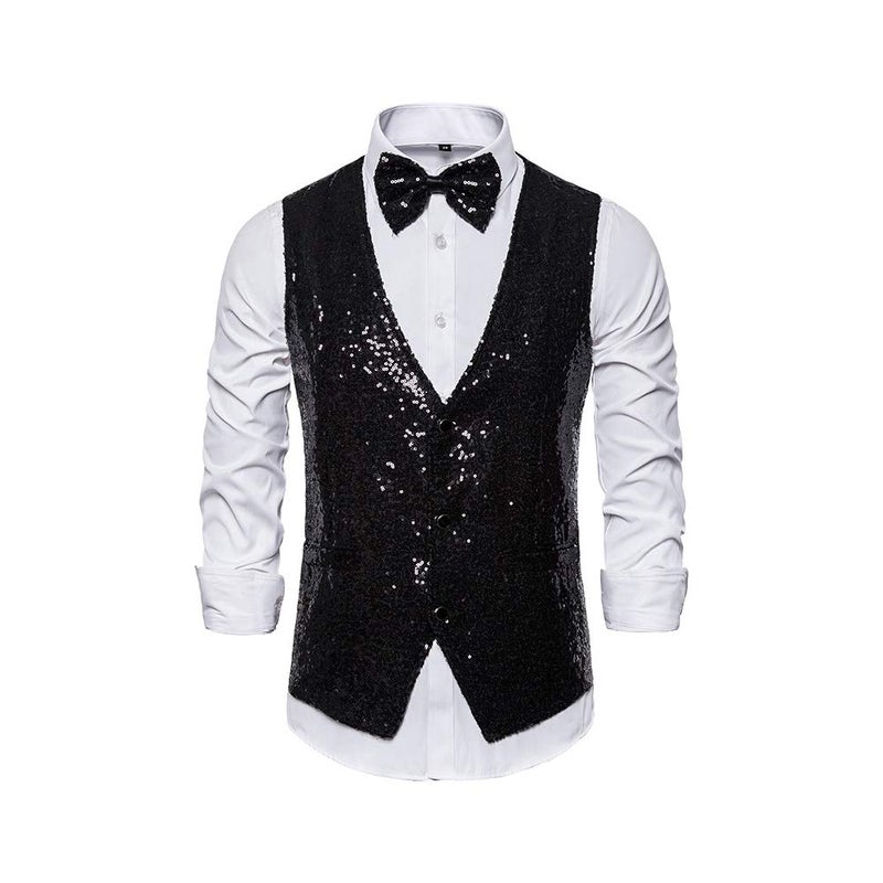 Catheive Men's Sequin Vest Shiny Suit Vest V-Neck Party Dress Waistcoat with Bowtie - Image 1